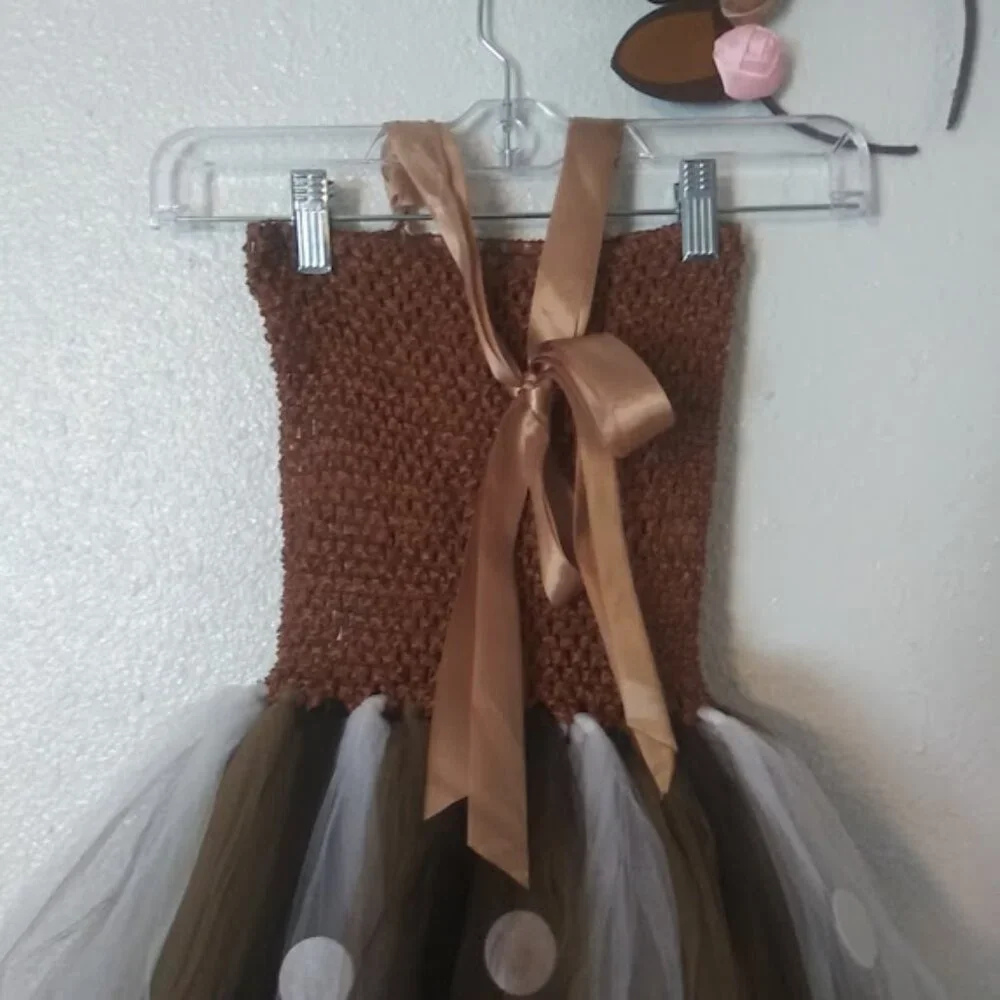 Deer costume girls size 6-10 brown, white and pink tutu dress with headband